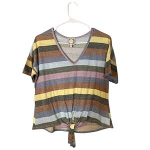 Truself Multi-Color Striped Short Sleeve Tie Knot V-Neck T-Shirt Women Sz M